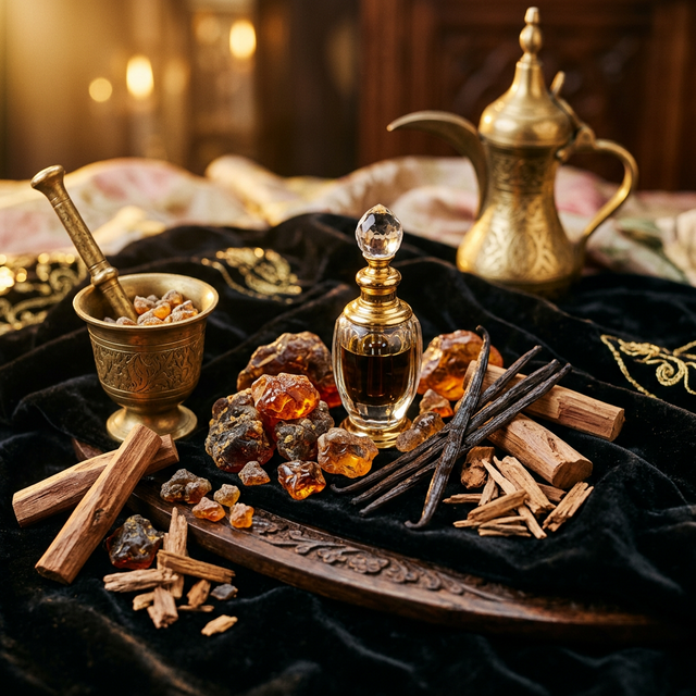 Ámbar, vainilla y sándalo sobre terciopelo oscuro — notas de fondo