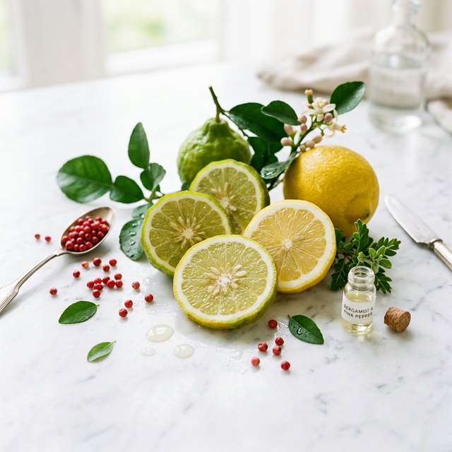Bergamota, limón y pimienta rosa sobre mármol blanco — notas de salida