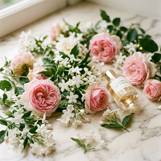 Jazmín y rosas sobre mármol crema — notas de corazón