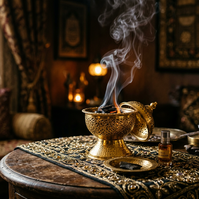 Bakhoor quemándose en un mabkhara dorado con humo blanco