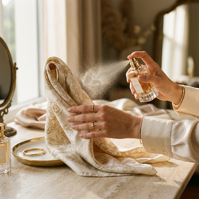 Aplicación de perfume sobre un pañuelo de seda