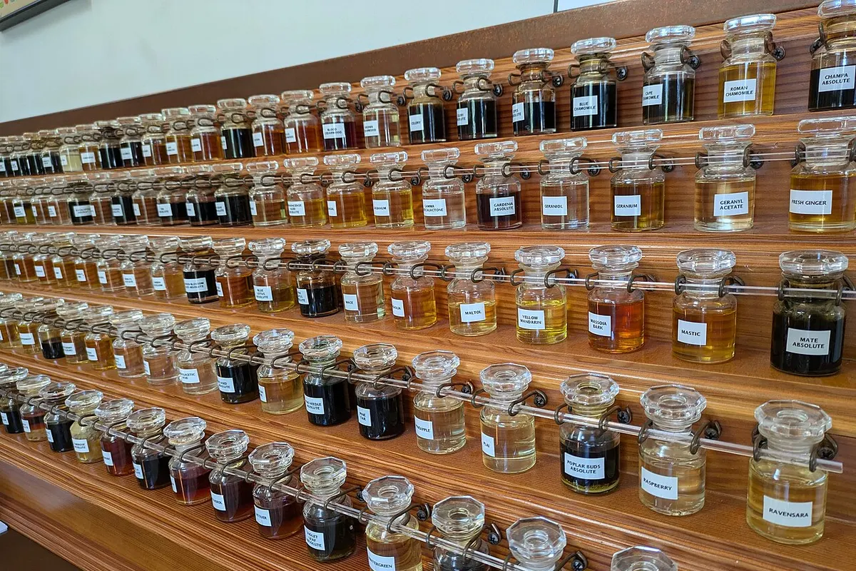Órgano de perfumista con decenas de frascos de esencias