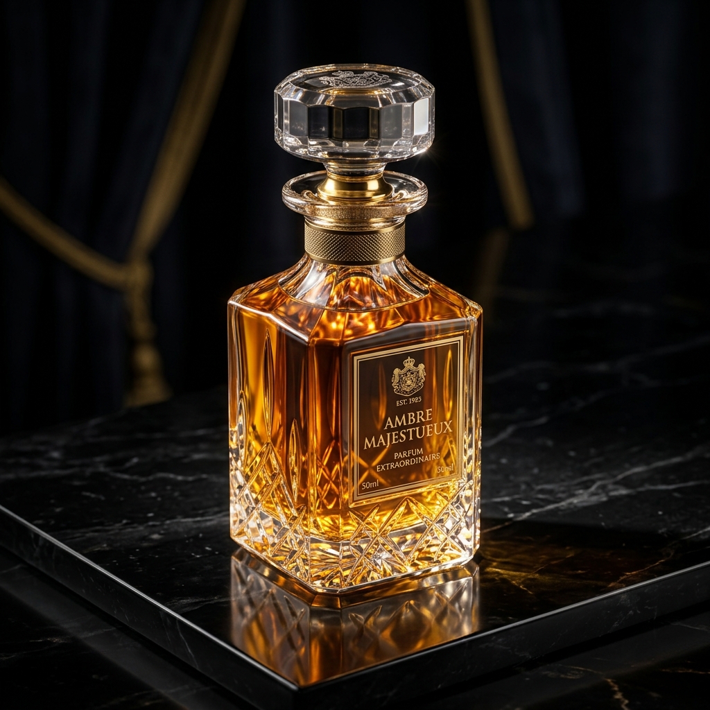 Frasco de perfume lujoso con líquido ambarino