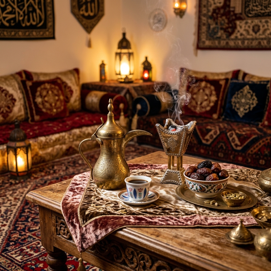 Salón árabe con incienso, dátiles y café
