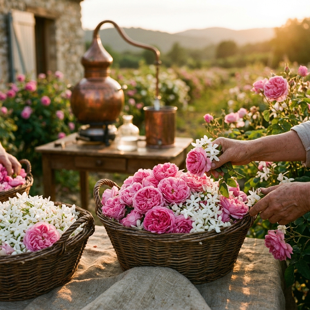 Cosecha de rosas damascenas y jazmines