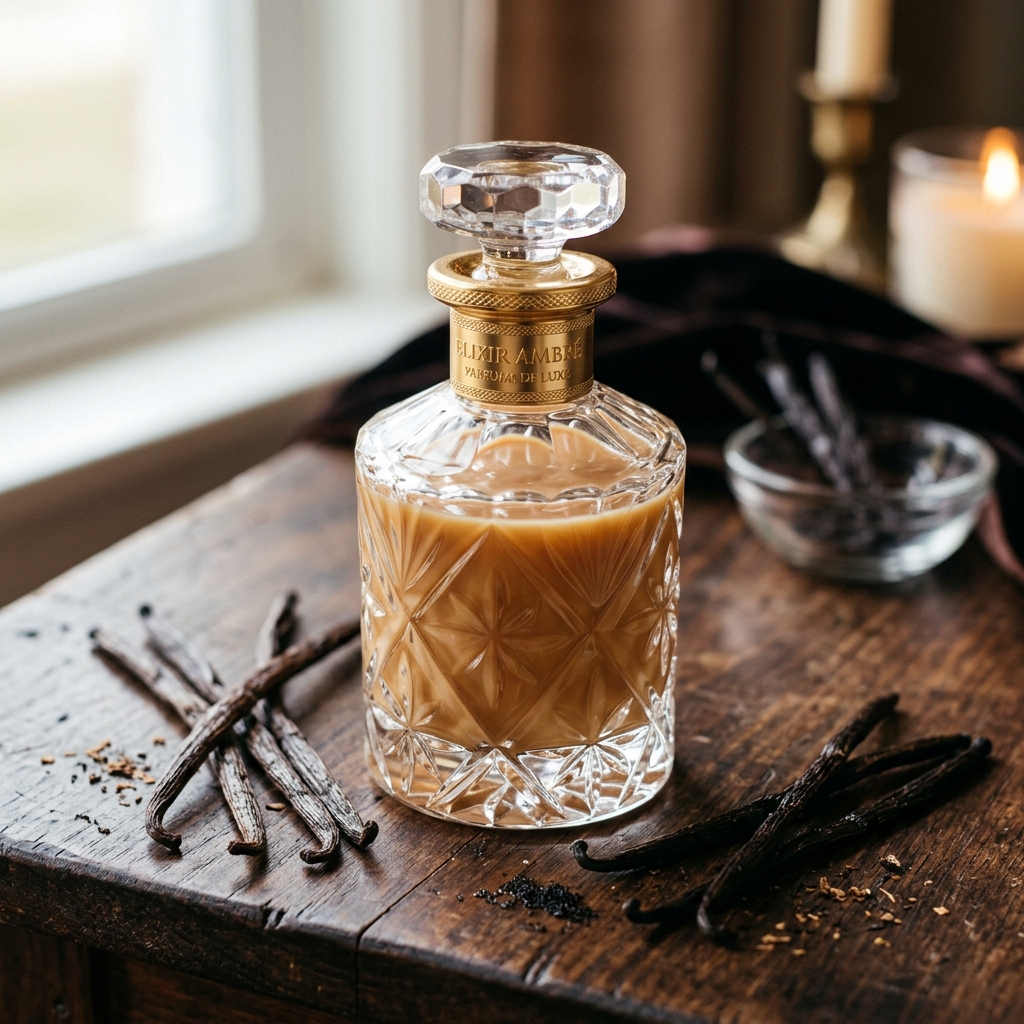 Elegante frasco de cristal con líquido dulce cremoso