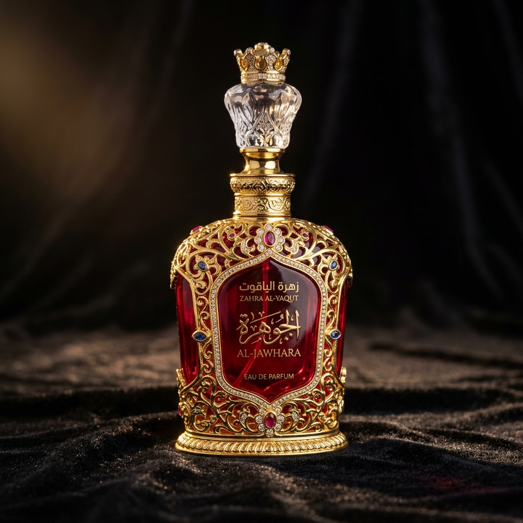 Botella de perfume árabe roja y dorada