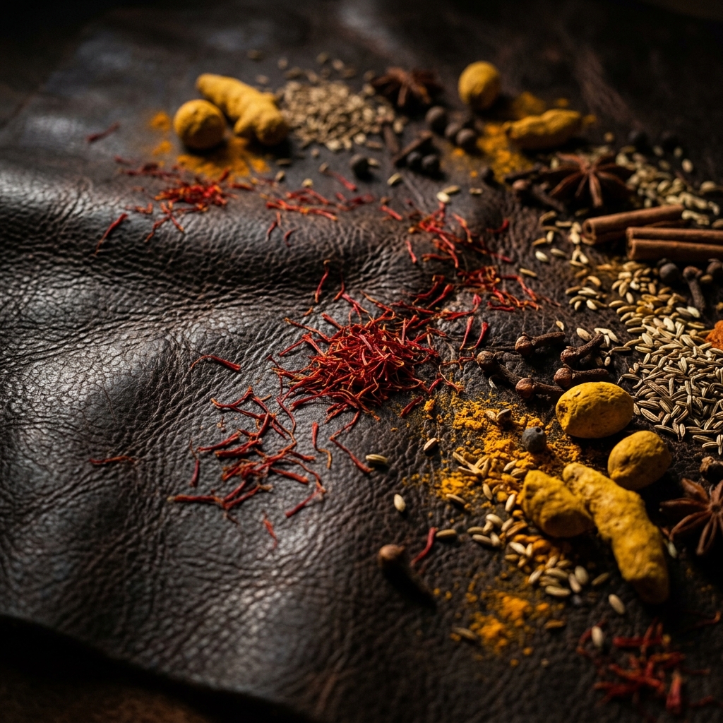 Cuero oscuro con especias doradas y azafrán esparcido