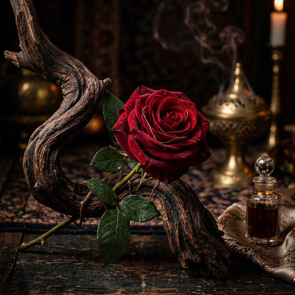 Madera de oud oscuro y una rosa roja