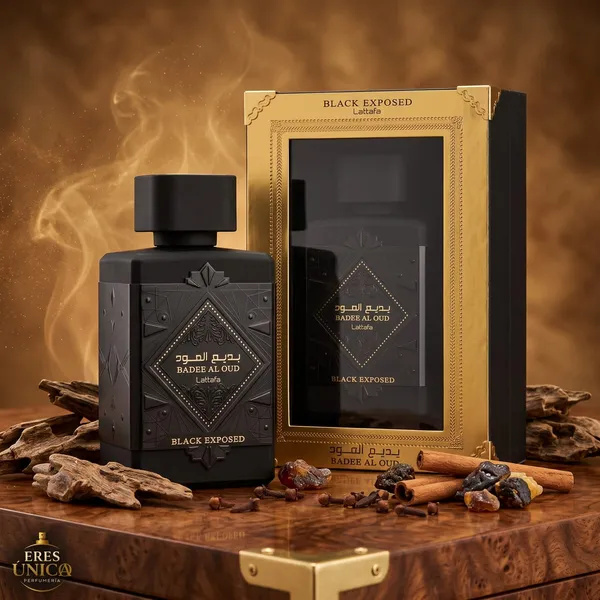 BADE'E AL OUD BLACK EXPOSED de Lattafa - Perfume unisex Ámbar Especiado / Oriental Gourmand árabe