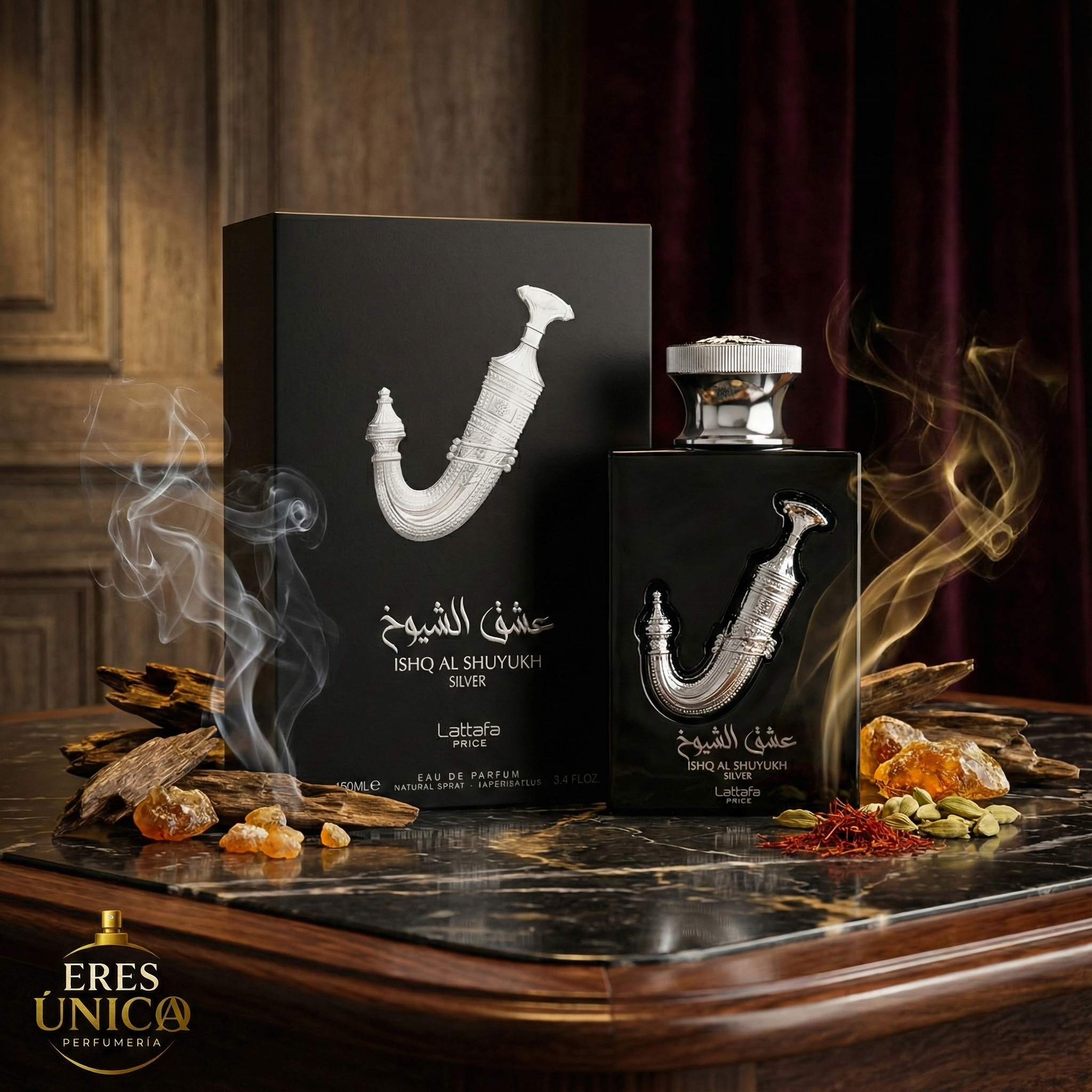 ISHQ AL SHUYUKH SILVER de Lattafa Pride - Perfume árabe exclusivo Amaderada Frutal