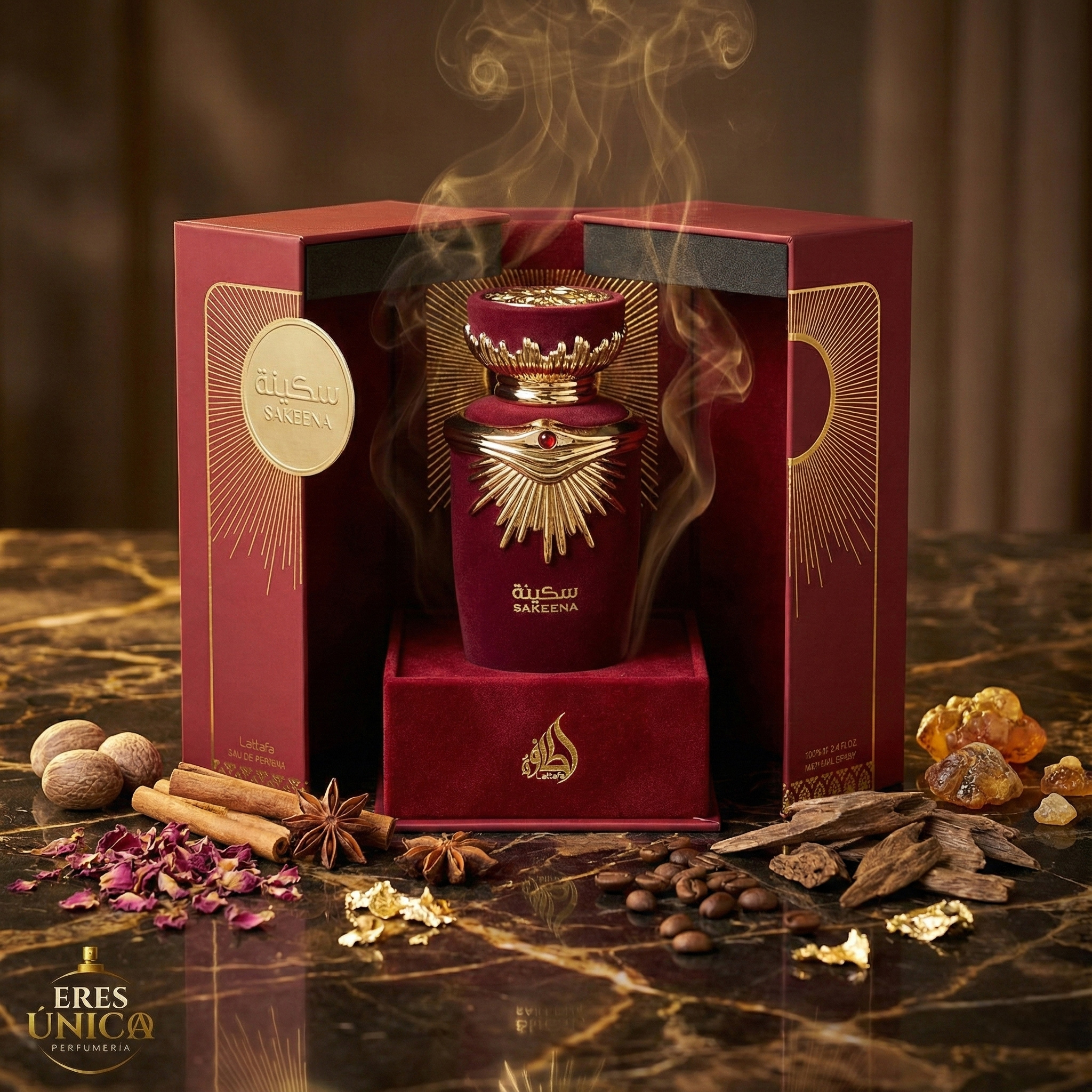 SAKEENA de Lattafa - Perfume árabe Ámbar Floral Gourmand